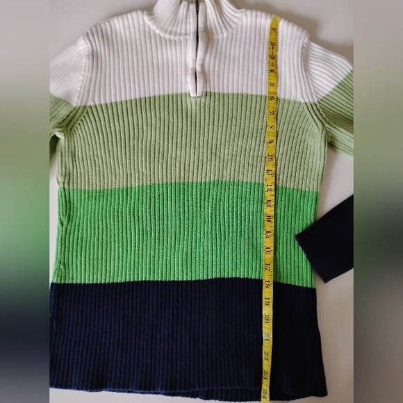 Liz Claiborne Cotton 1/4 Zip Sweater Navy Blue Green Stripe Coastal Size Pet XL - Picture 10 of 11